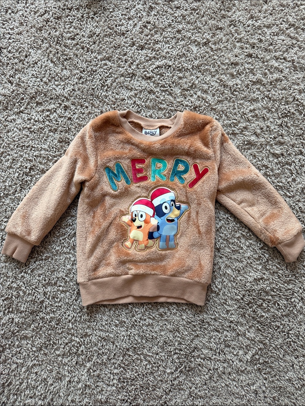 Bluey Kids' Merry Fuzzy Holiday Sweatshirt - Tan